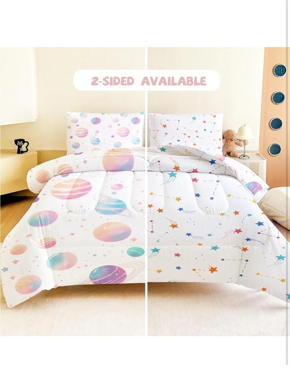 Full Space Bedding Set - 5 Piece Rocket Planet Comforter with Deep-Pocket Sheet